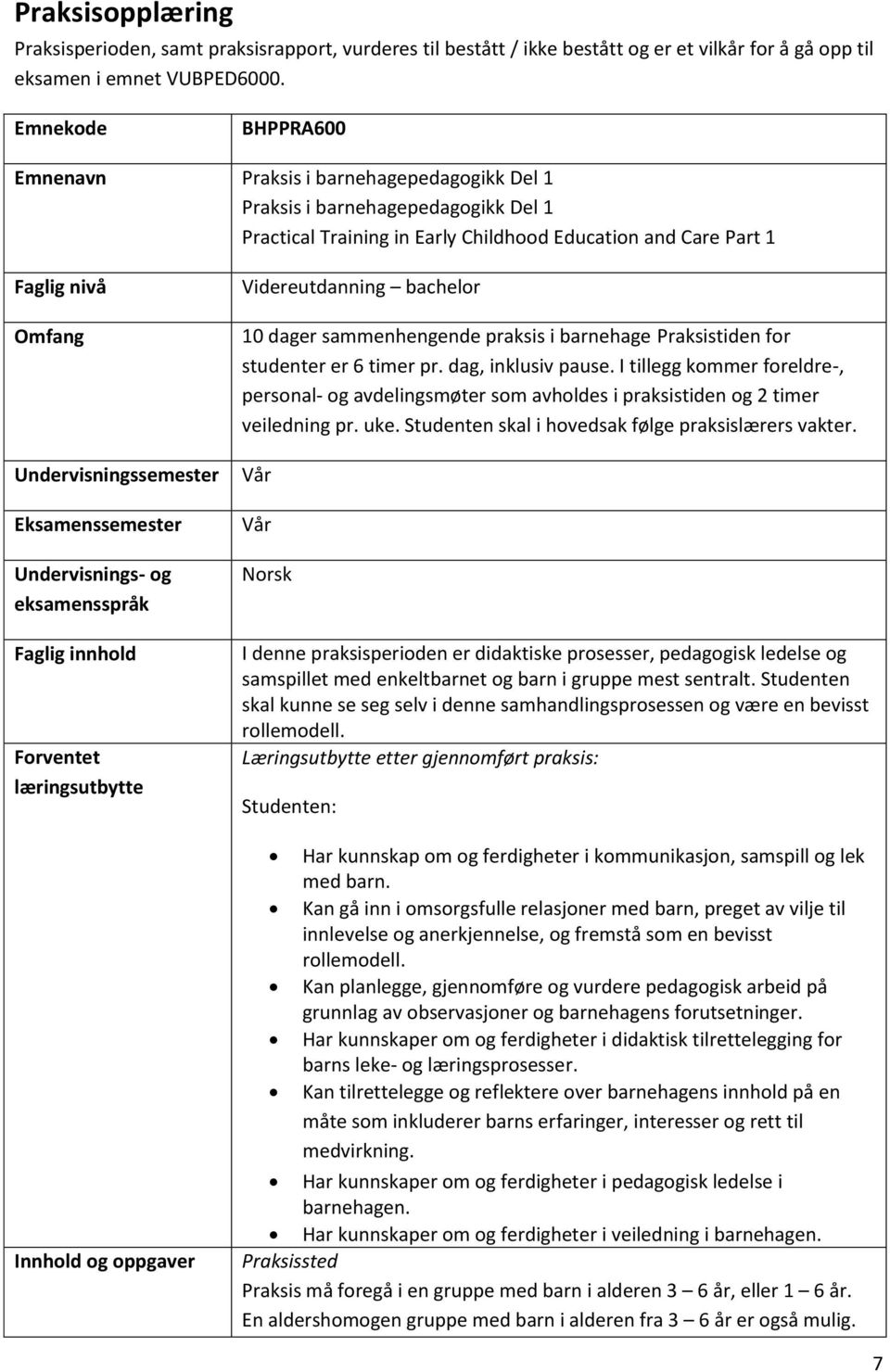 Undervisningssemester Eksamenssemester Undervisnings- og eksamensspråk Faglig innhold Forventet læringsutbytte Innhold og oppgaver Videreutdanning bachelor 10 dager sammenhengende praksis i barnehage