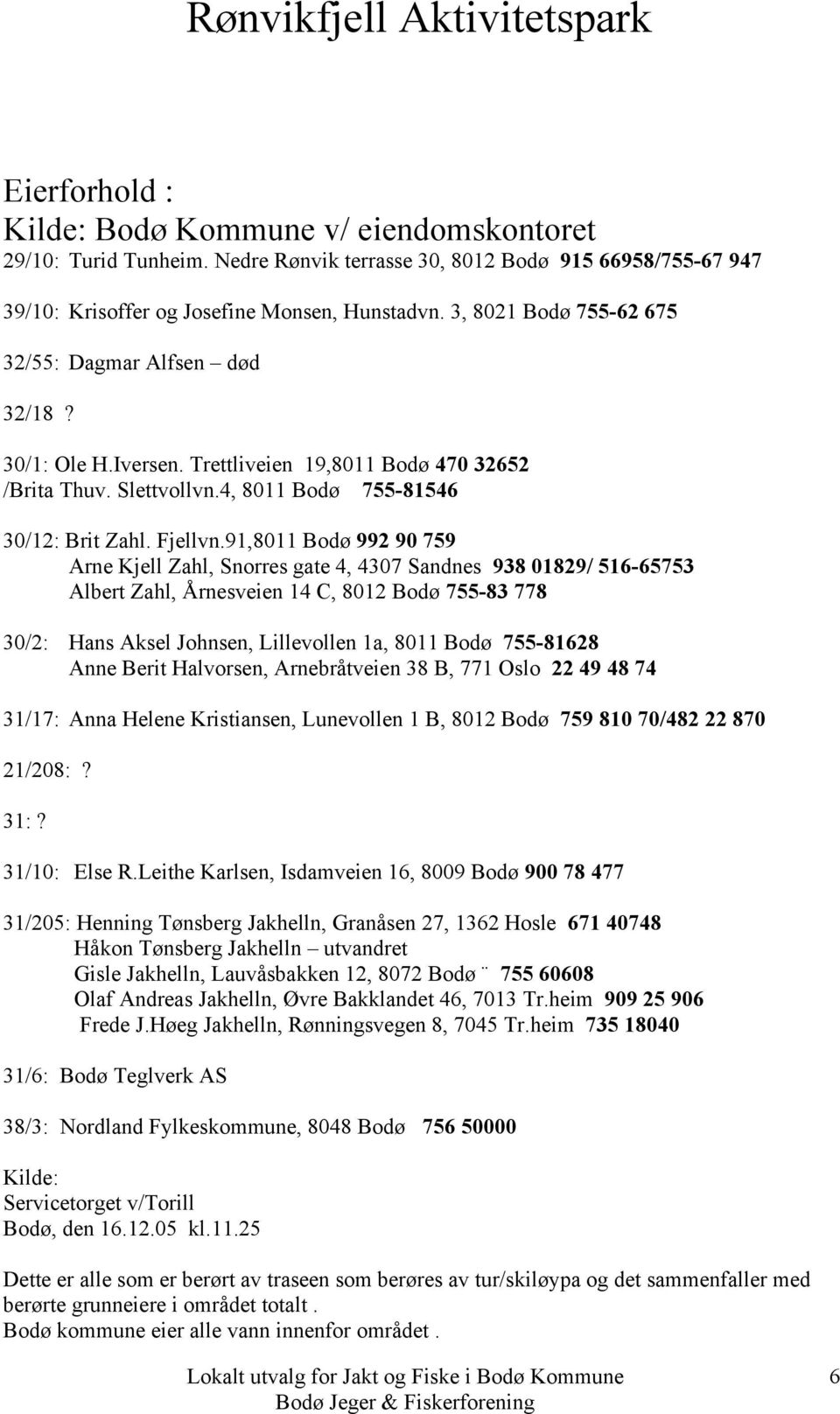 91,8011 Bodø 992 90 759 Arne Kjell Zahl, Snorres gate 4, 4307 Sandnes 938 01829/ 516-65753 Albert Zahl, Årnesveien 14 C, 8012 Bodø 755-83 778 30/2: Hans Aksel Johnsen, Lillevollen 1a, 8011 Bodø