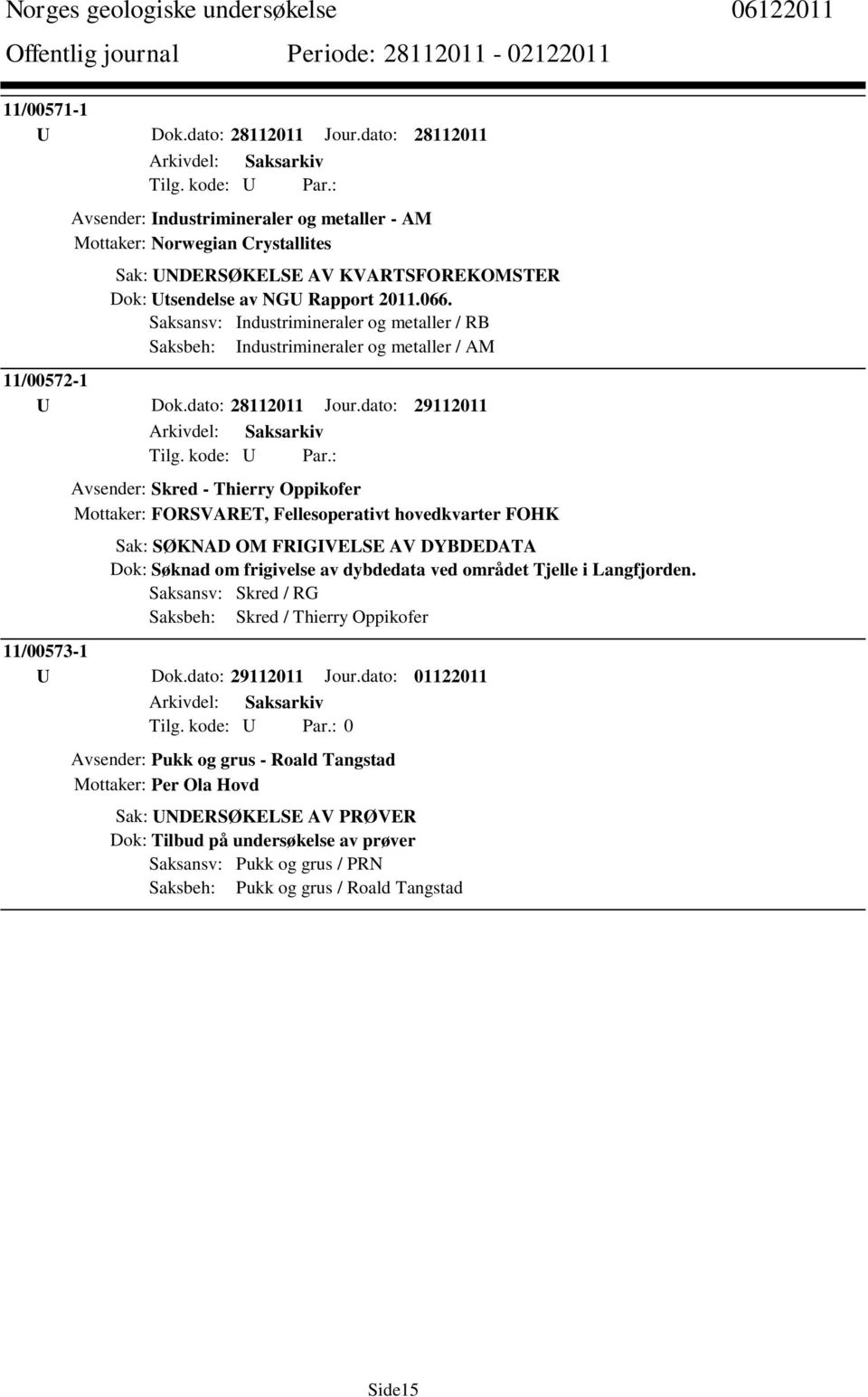 Saksansv: Industrimineraler og metaller / RB Saksbeh: Industrimineraler og metaller / AM 11/00572-1 U Dok.dato: 28112011 Jour.