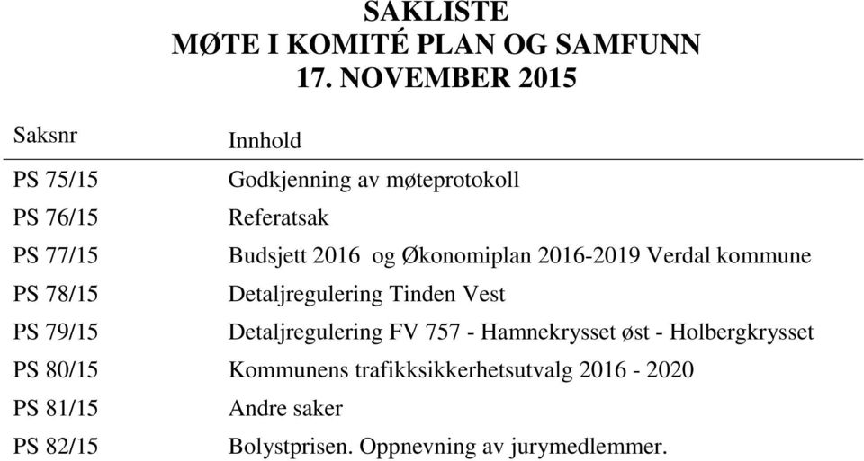 Verdal kommune Detaljregulering Tinden Vest Detaljregulering FV 757 - Hamnekrysset øst - Holbergkrysset PS