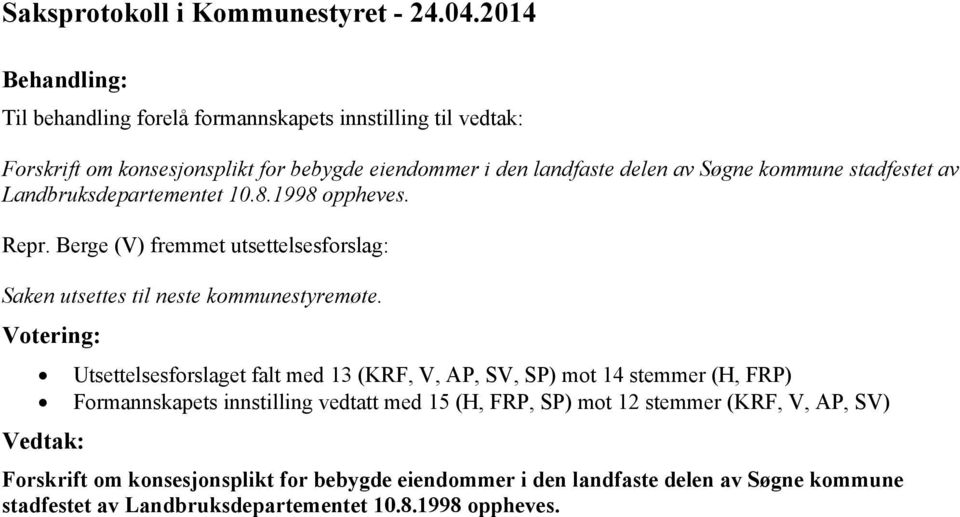 stadfestet av Landbruksdepartementet 10.8.1998 oppheves. Repr. Berge (V) fremmet utsettelsesforslag: Saken utsettes til neste kommunestyremøte.