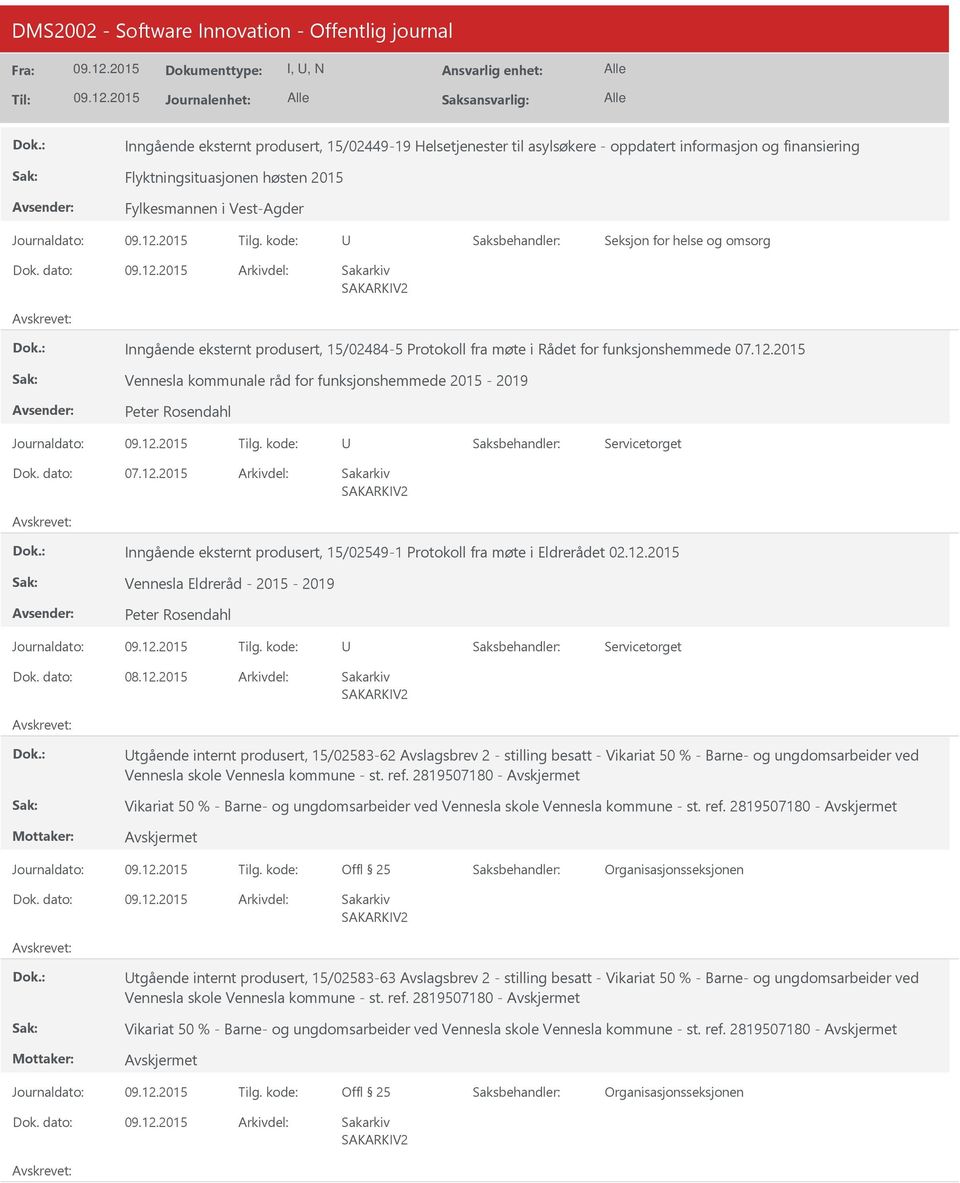 2015 Vennesla kommunale råd for funksjonshemmede 2015-2019 Peter Rosendahl Journaldato: Tilg. kode: Servicetorget 07.12.