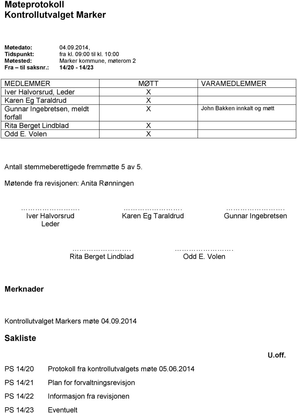 Volen X John Bakken innkalt og møtt Antall stemmeberettigede fremmøtte 5 av 5. Møtende fra revisjonen: Anita Rønningen... Iver Halvorsrud Karen Eg Taraldrud Gunnar Ingebretsen Leder.