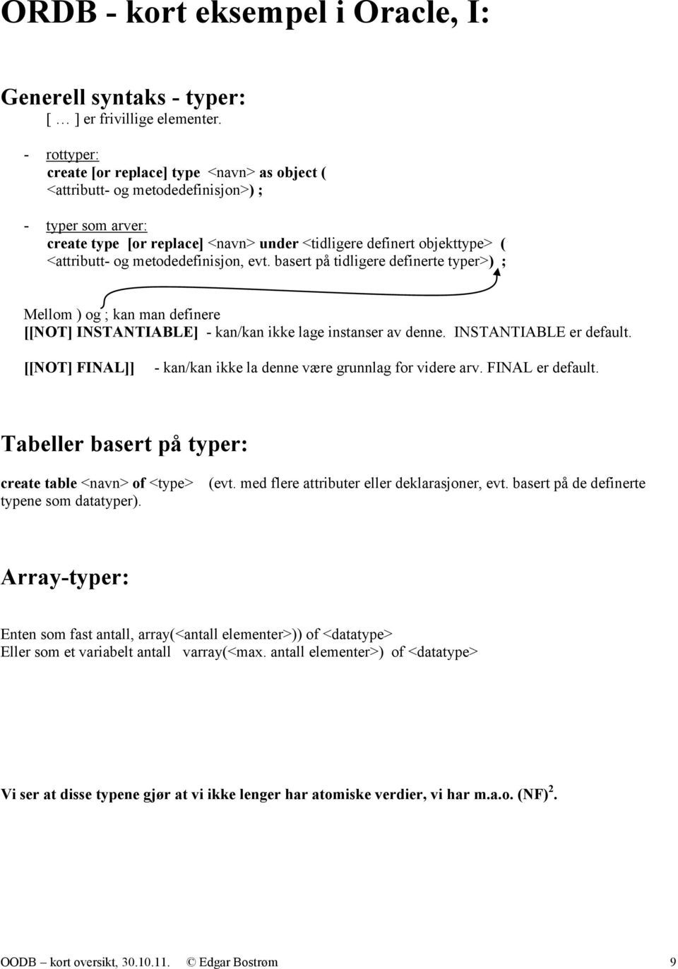 metodedefinisjon, evt. basert på tidligere definerte typer>) ; Mellom ) og ; kan man definere [[NOT] INSTANTIABLE] - kan/kan ikke lage instanser av denne. INSTANTIABLE er default.