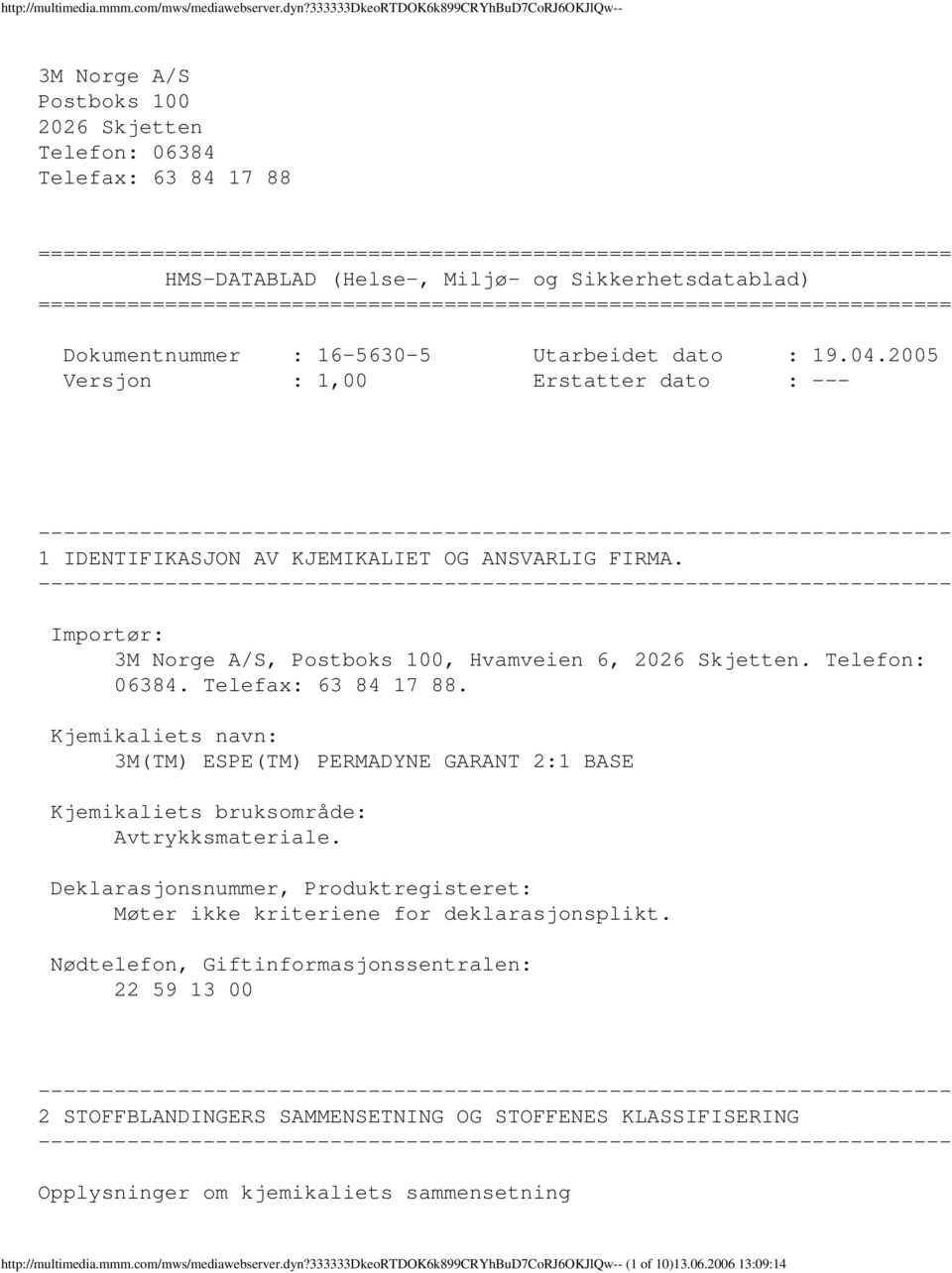 HMSDATABLAD (Helse, Miljø og Sikkerhetsdatablad) ======================================================================== Dokumentnummer : 1656305 Utarbeidet dato : 19.04.