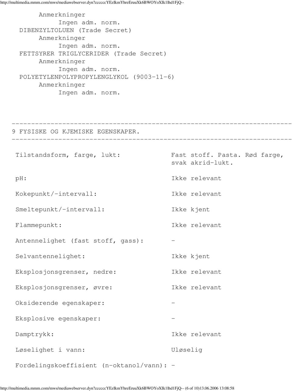 Tilstandsform, farge, lukt: ph: Kokepunkt/intervall: Smeltepunkt/intervall: Flammepunkt: Fast stoff. Pasta. Rød farge, svak akridlukt.