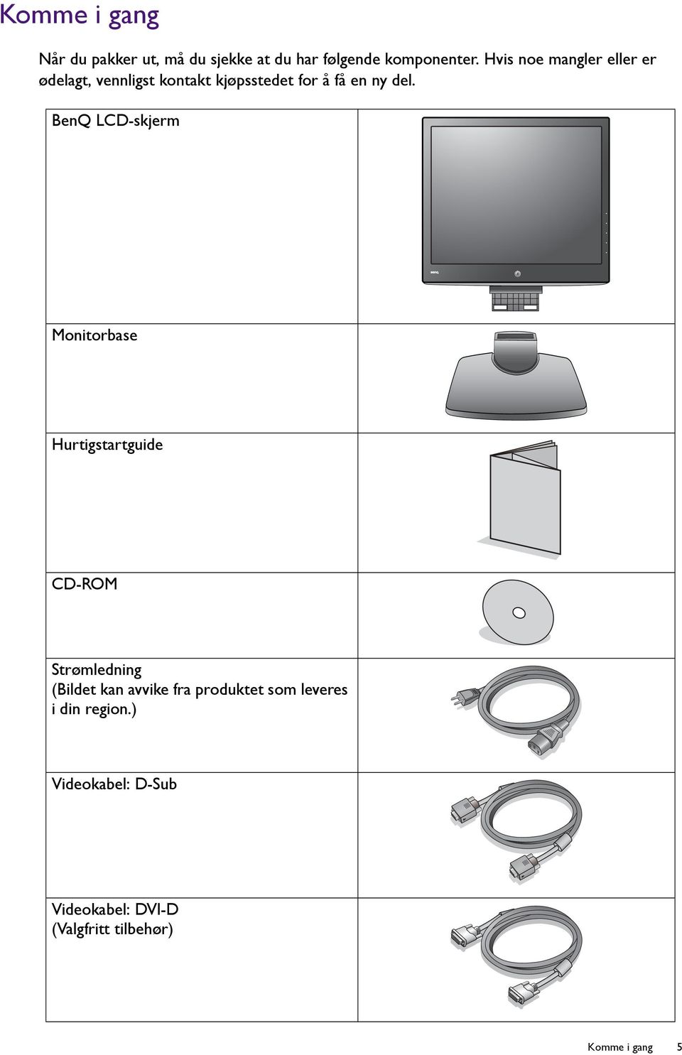 BenQ LCD-skjerm Monitorbase Hurtigstartguide CD-ROM Strømledning (Bildet kan avvike fra