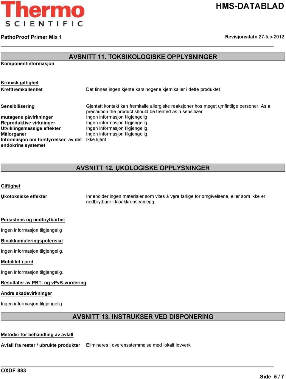 Utviklingsmessige effekter Målorganer Informasjon om forstyrrelser av det endokrine systemet Gjentatt kontakt kan fremkalle allergiske reaksjoner hos meget ųmfintlige personer.