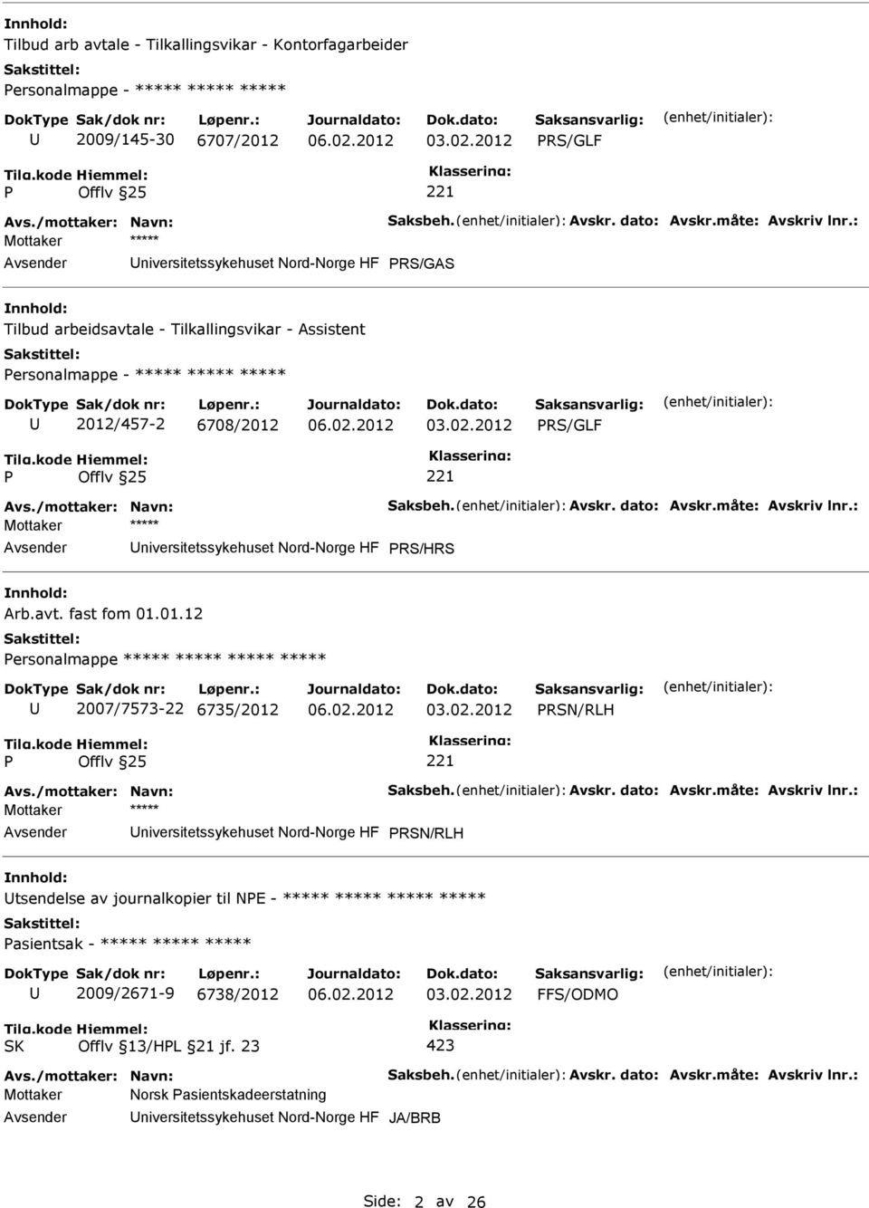 dato: Avskr.måte: Avskriv lnr.: niversitetssykehuset Nord-Norge HF RS/HRS Arb.avt. fast fom 01.01.12 ersonalmappe ***** ***** ***** ***** 2007/7573-22 6735/2012 RSN/RLH Avs./mottaker: Navn: Saksbeh.