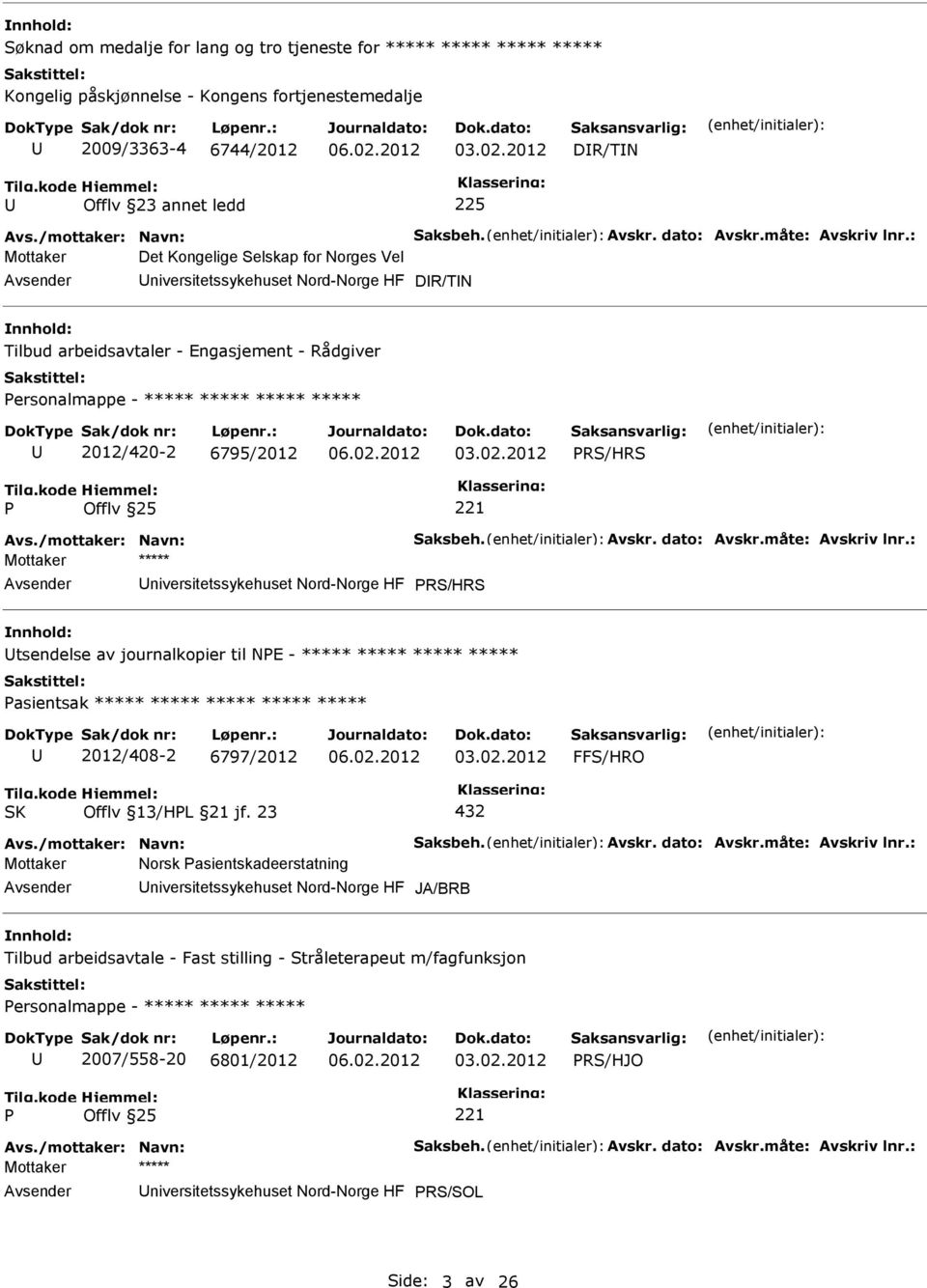 : Mottaker Det Kongelige Selskap for Norges Vel niversitetssykehuset Nord-Norge HF DR/TN Tilbud arbeidsavtaler - Engasjement - Rådgiver ersonalmappe - ***** ***** ***** ***** 2012/420-2 6795/2012