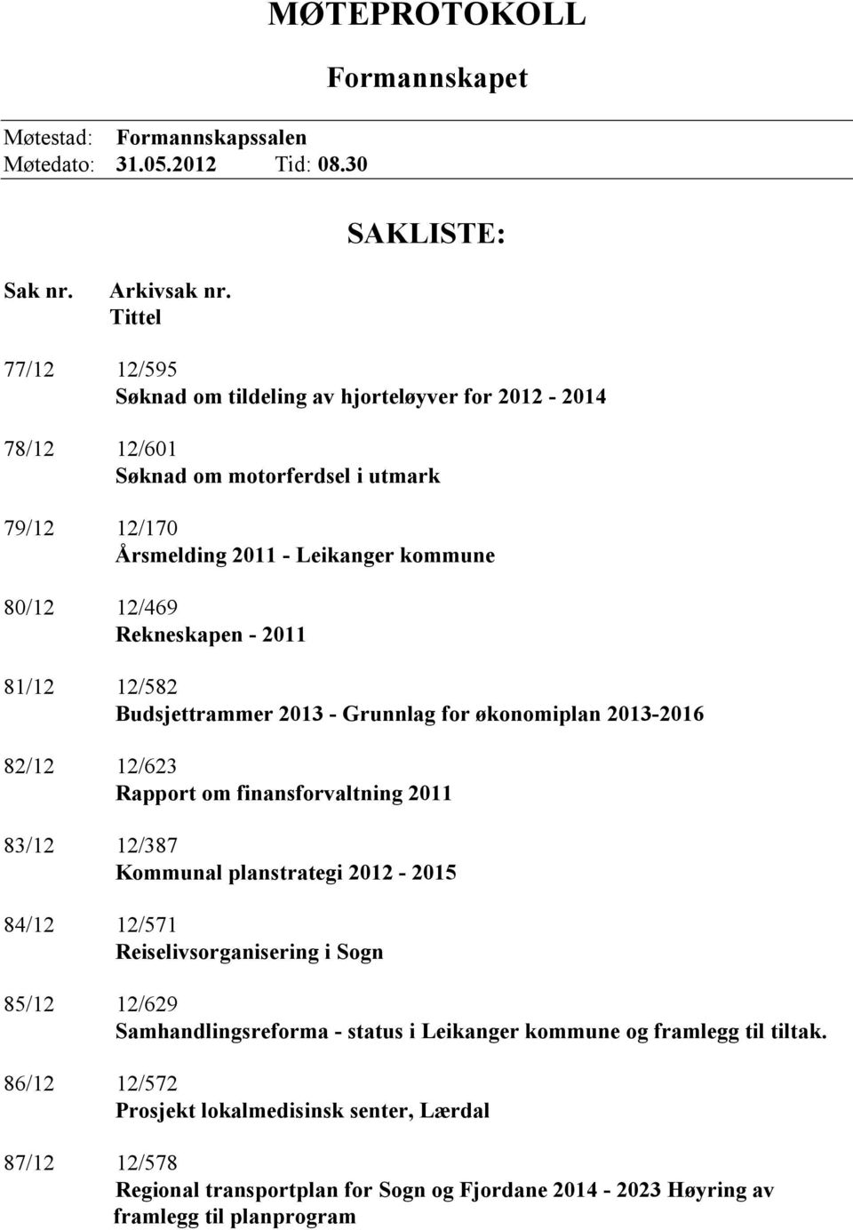 - 2011 81/12 12/582 Budsjettrammer 2013 - Grunnlag for økonomiplan 2013-2016 82/12 12/623 Rapport om finansforvaltning 2011 83/12 12/387 Kommunal planstrategi 2012-2015 84/12 12/571