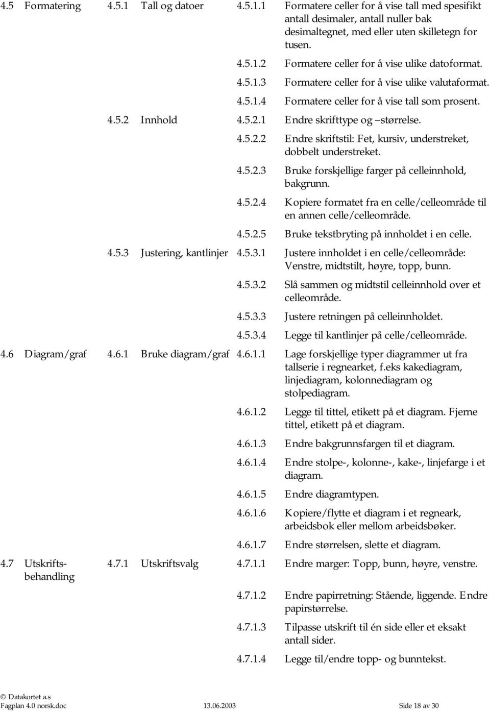 4.5.2.3 Bruke forskjellige farger på celleinnhold, bakgrunn. 4.5.2.4 Kopiere formatet fra en celle/celleområde til en annen celle/celleområde. 4.5.2.5 Bruke tekstbryting på innholdet i en celle. 4.5.3 Justering, kantlinjer 4.