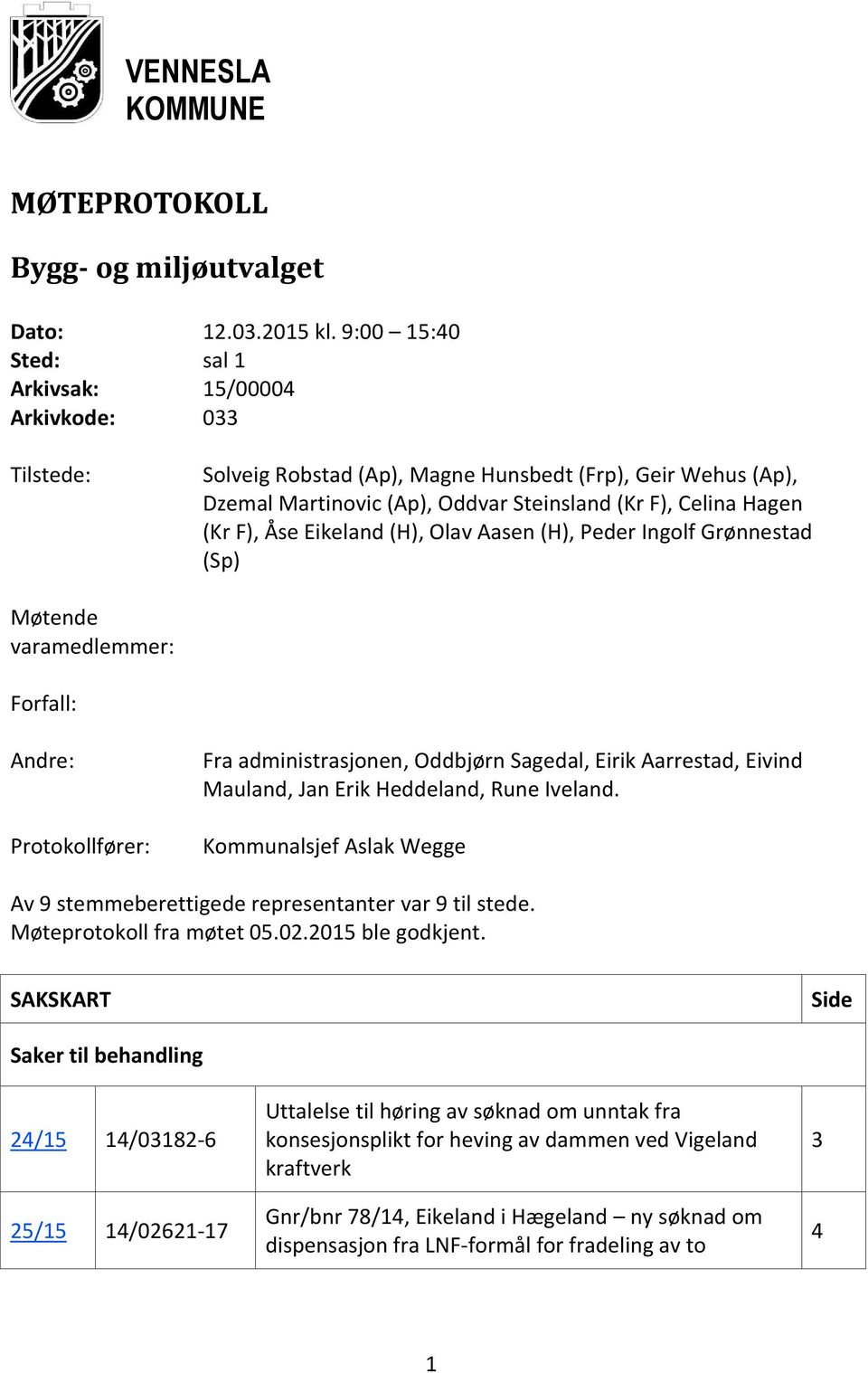 Åse Eikeland (H), Olav Aasen (H), Peder Ingolf Grønnestad (Sp) Møtende varamedlemmer: Forfall: Andre: Protokollfører: Fra administrasjonen, Oddbjørn Sagedal, Eirik Aarrestad, Eivind Mauland, Jan Erik