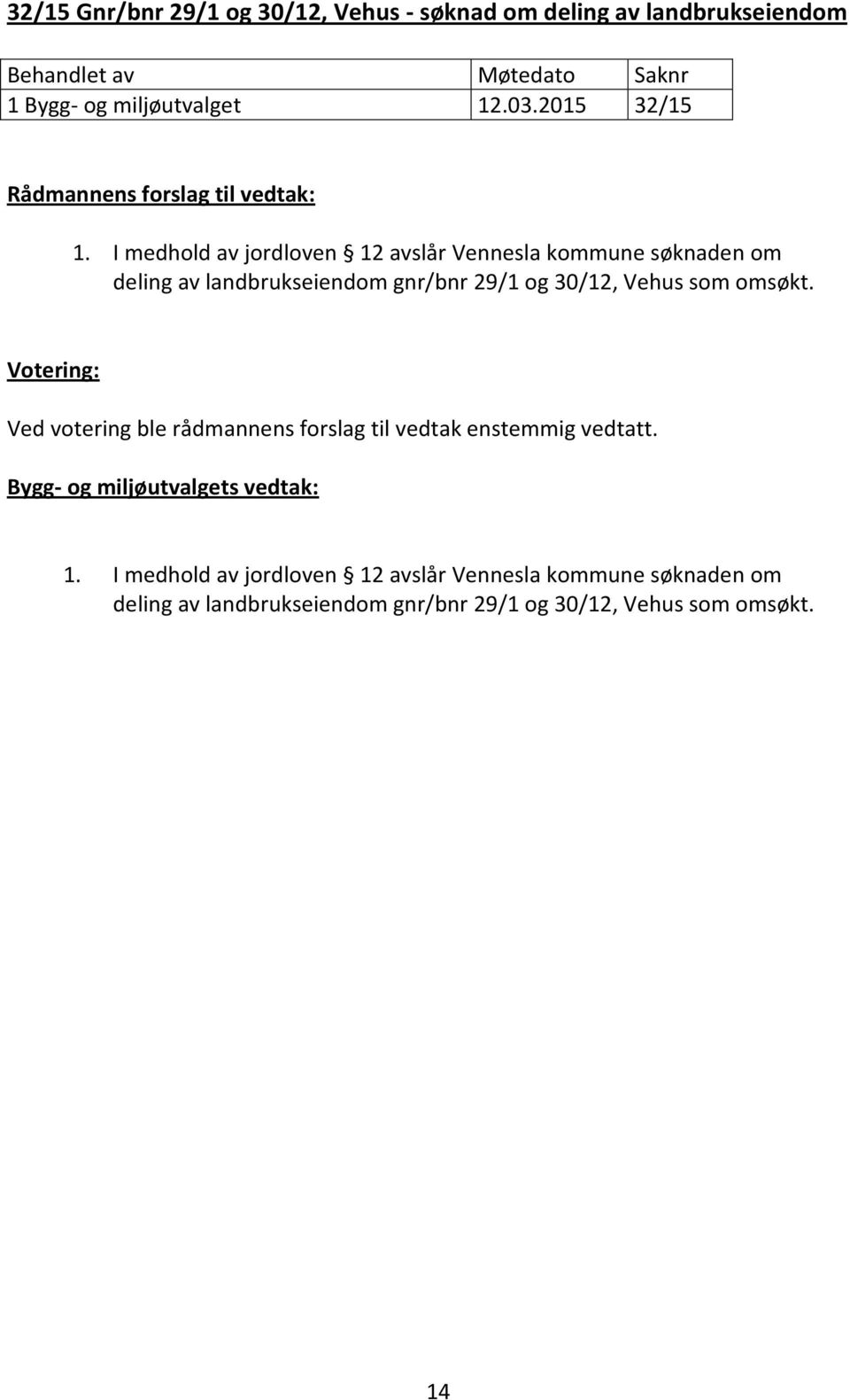 som omsøkt. Ved votering ble rådmannens forslag til vedtak enstemmig vedtatt. Bygg- og miljøutvalgets vedtak: 1.