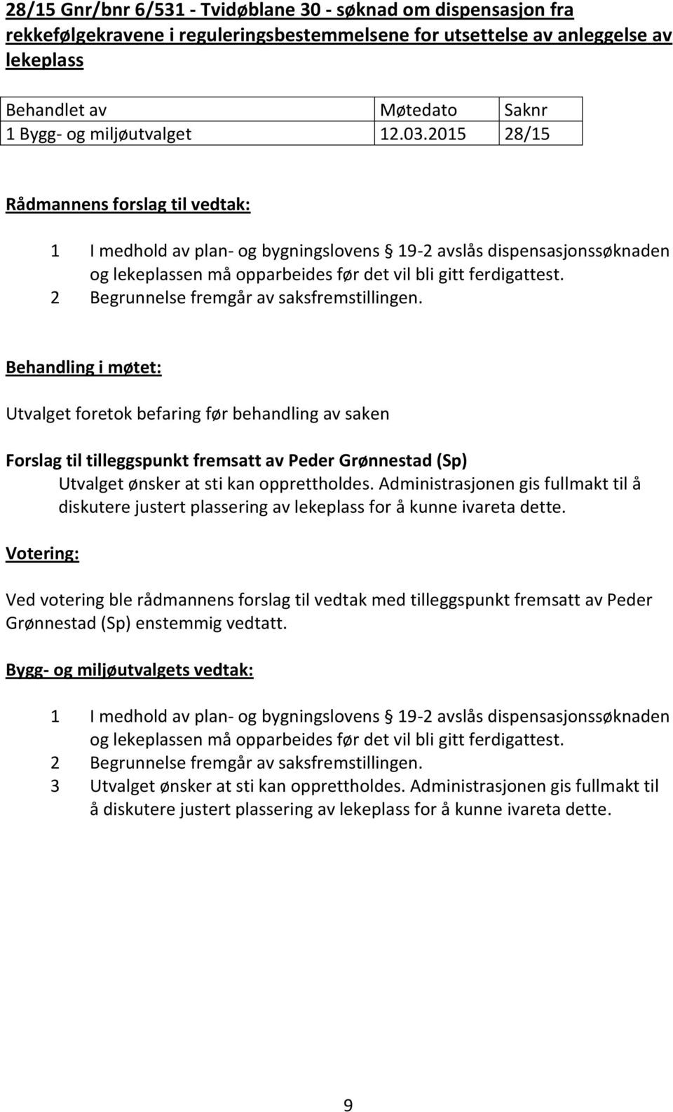 Behandling i møtet: Utvalget foretok befaring før behandling av saken Forslag til tilleggspunkt fremsatt av Peder Grønnestad (Sp) Utvalget ønsker at sti kan opprettholdes.