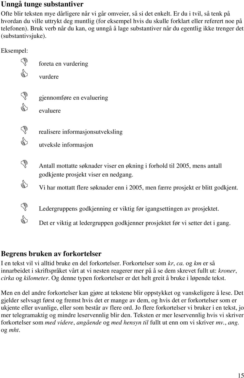 Bruk verb når du kan, og unngå å lage substantiver når du egentlig ikke trenger det (substantivsjuke).