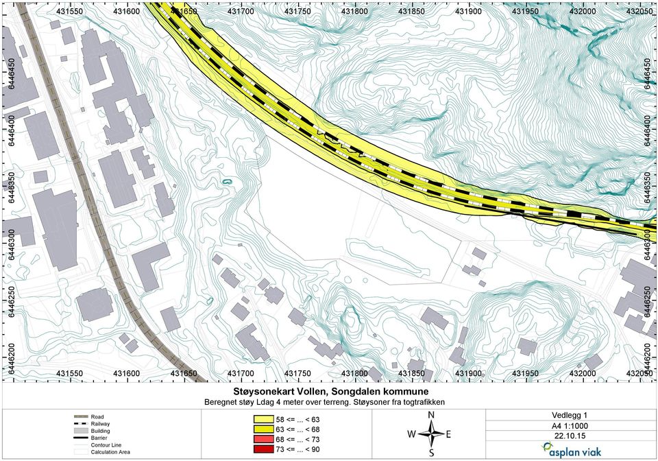 6446200 432050 Road Railway Building Barrier Contour Line Calculation Area Støysonekart Vollen, Beregnet støy Ldag 4