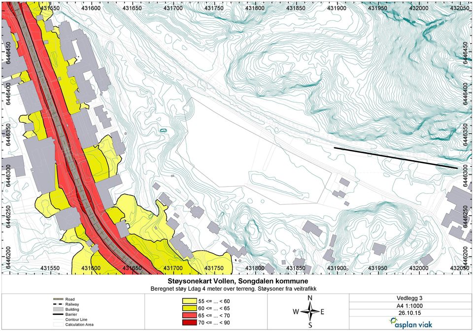 6446200 432050 Road Railway Building Barrier Contour Line Calculation Area Støysonekart Vollen, Beregnet støy Ldag 4