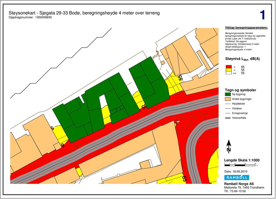 Gridstørrelse 5 meter Antall refleksjoner: 1 Beregningshøyde: 4 meter Støynivå L den db(a) > > <= Tegn og symboler Ny bygning Andre bygninger