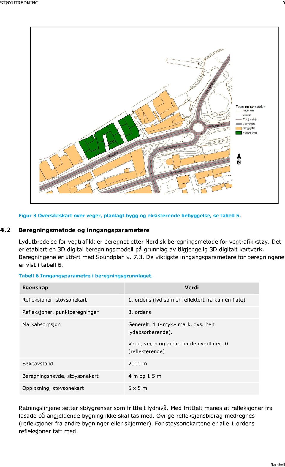 Det er etablert en 3D digital beregningsmodell på grunnlag av tilgjengelig 3D digitalt kartverk. Beregningene er utført med Soundplan v. 7.3. De viktigste inngangsparametere for beregningene er vist i tabell 6.