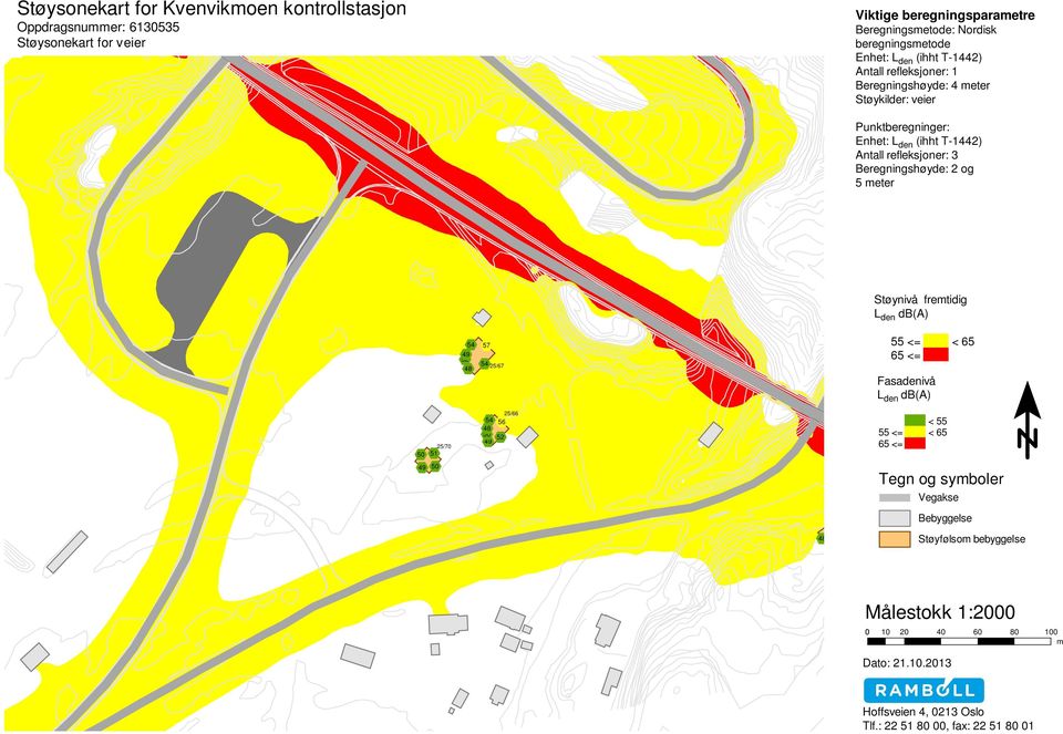 Beregningshøyde: 2 og 5 meter Støynivå fremtidig L den db(a) 25/70 50 51 49 50 54 57 52 49 54 25/67 48 25/66 54 56 50 48 52 49 48 55 <= < 65 65 <= Fasadenivå L den db(a) < 55 55