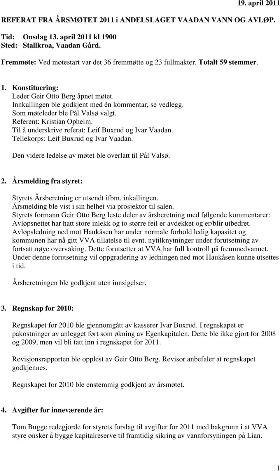 Som møteleder ble Pål Valsø valgt. Referent: Kristian Opheim. Til å underskrive referat: Leif Buxrud og Ivar Vaadan. Tellekorps: Leif Buxrud og Ivar Vaadan.