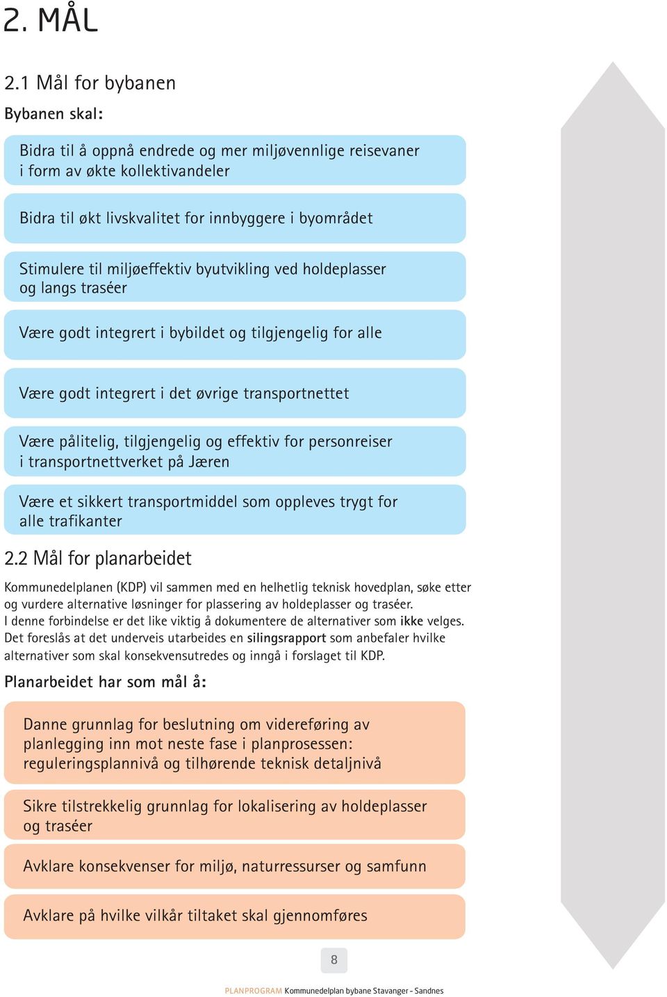 miljøeffektiv byutvikling ved holdeplasser og langs traséer Være godt integrert i bybildet og tilgjengelig for alle Være godt integrert i det øvrige transportnettet Være pålitelig, tilgjengelig og