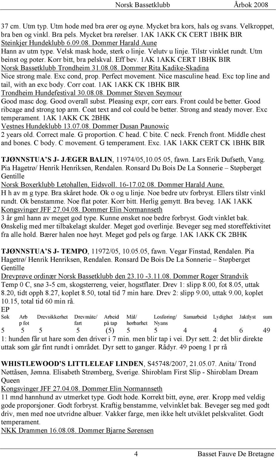 1AK 1AKK CERT 1BHK BIR Norsk Bassetklubb Trondheim 31.08.08. Dommer Rita Kadike-Skadina Nice strong male. Ec cond, prop. Perfect movement. Nice masculine head. Ec top line and tail, with an ec body.