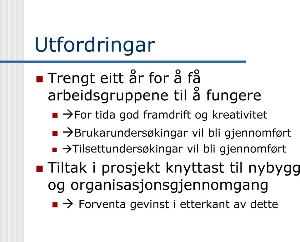 gjennomført Tilsettundersøkingar vil bli gjennomført Tiltak i prosjekt