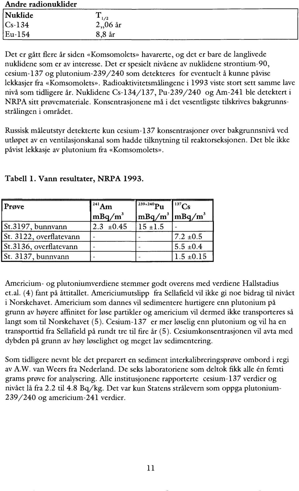 Radioaktivitetsmålingene i 1993 viste stort sett samme lave nivå som tidligere år. Nuklidene Cs134/137, Pu239/240 og Am241 ble detektert i NRPA sitt prøvemateriale.