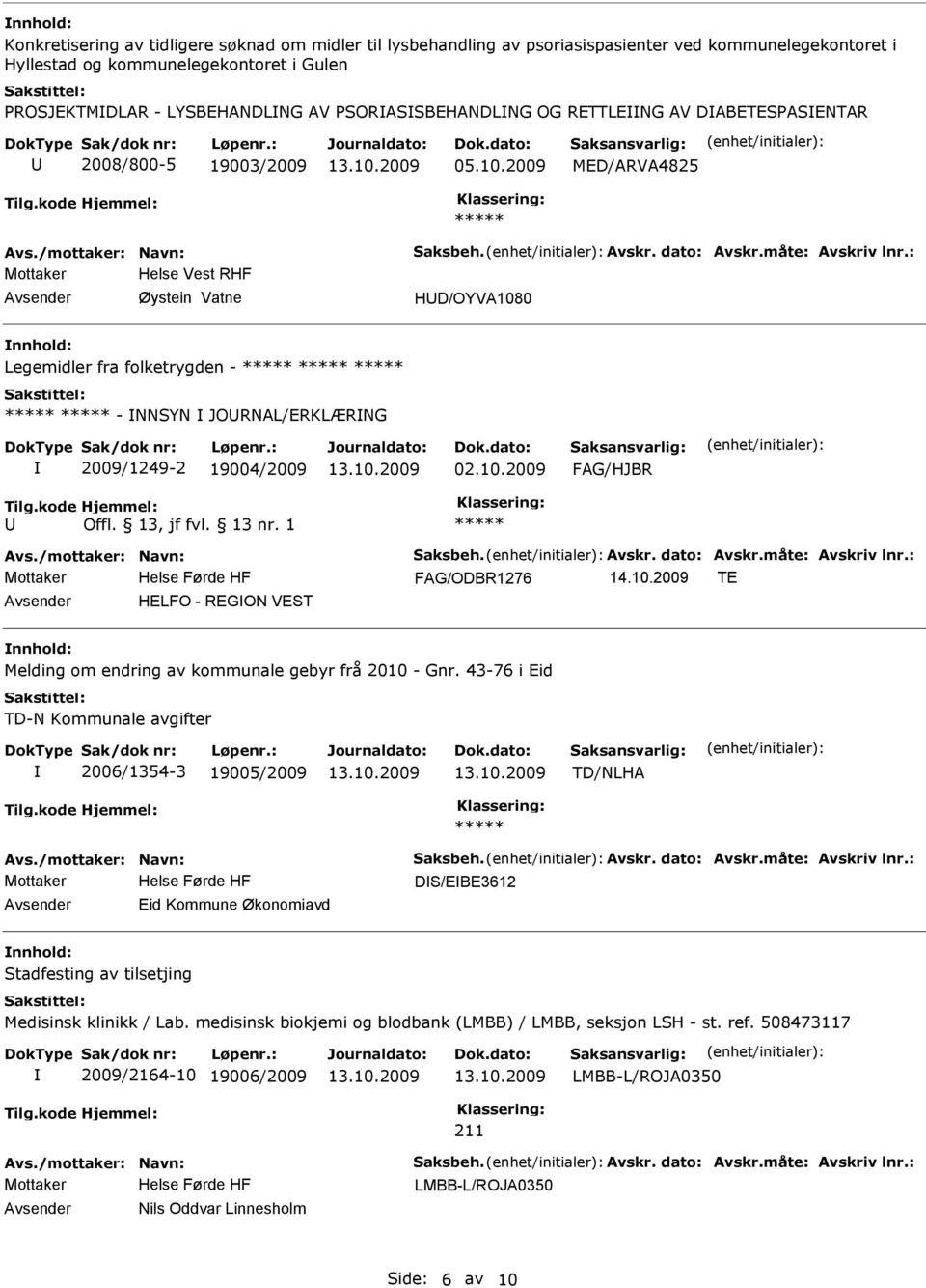 10.2009 TE HELFO - REGON VEST Melding om endring av kommunale gebyr frå 2010 - Gnr.