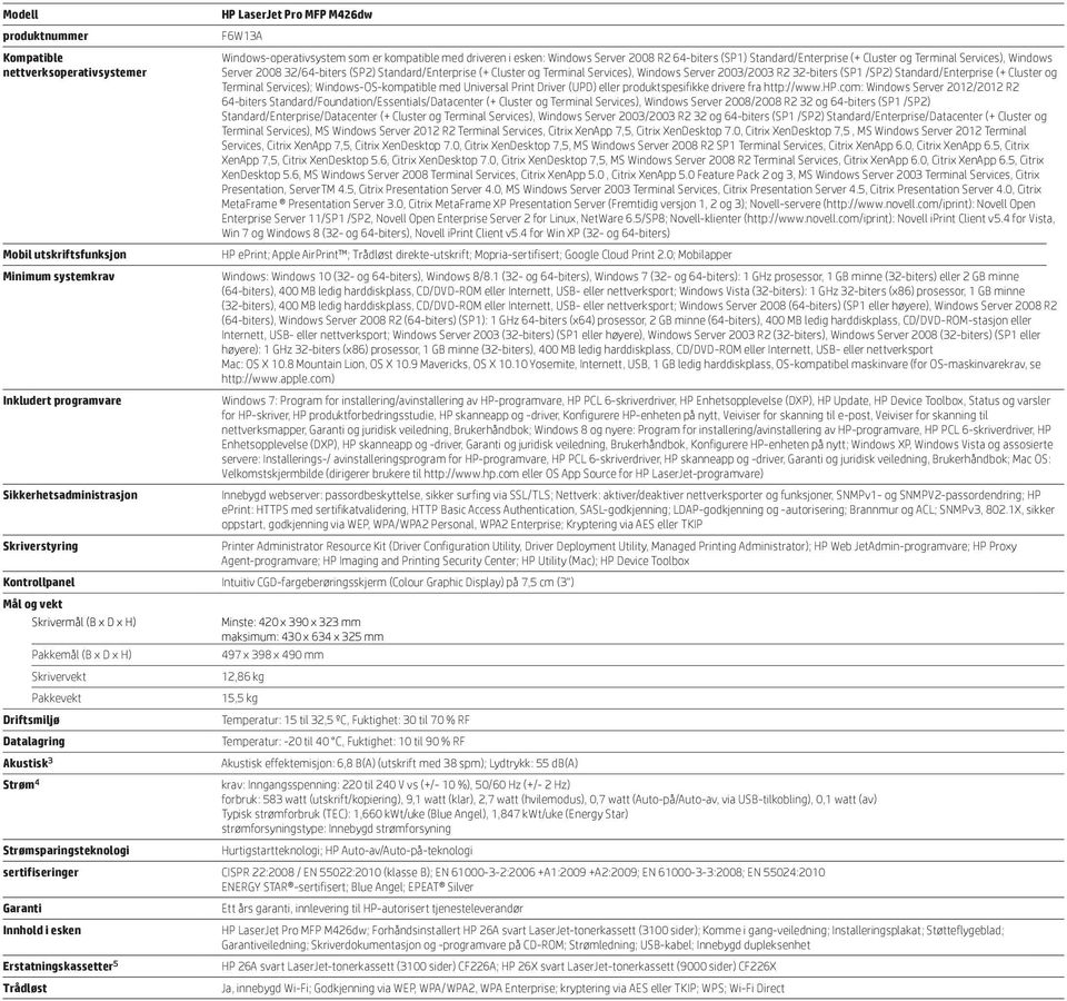 Terminal Services), Windows Server 2003/2003 R2 32-biters (SP1 /SP2) Standard/Enterprise (+ Cluster og Terminal Services); Windows-OS-kompatible med Universal Print Driver (UPD) eller