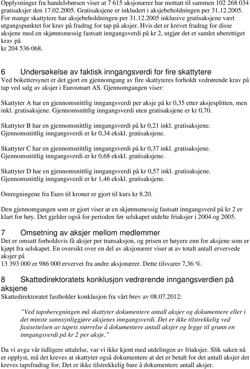 Hvis det er krevet fradrag for disse aksjene med en skjønnsmessig fastsatt inngangsverdi på kr 2, utgjør det et samlet uberettiget krav på kr 204 536 068.