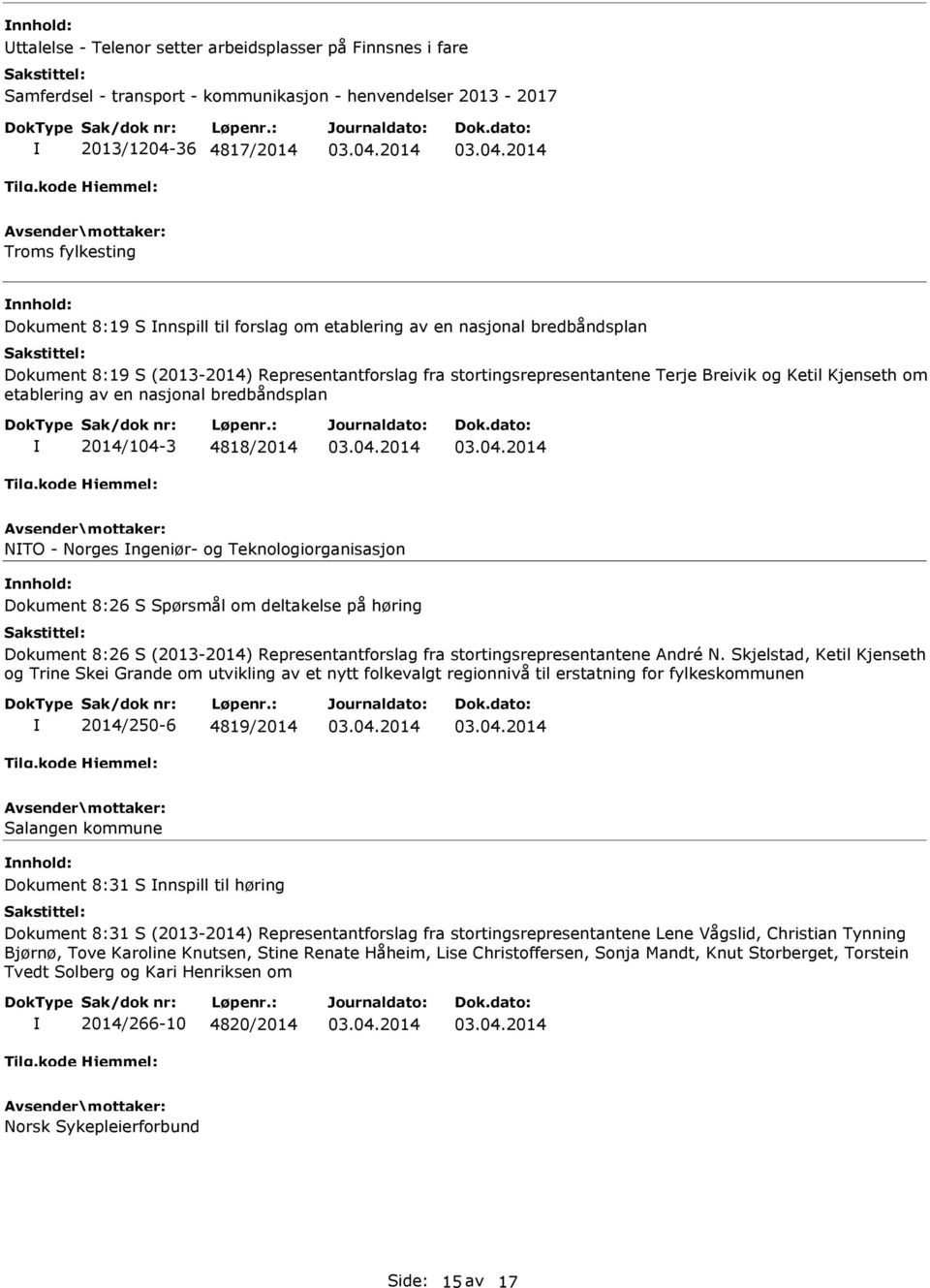 2014/104-3 4818/2014 NTO - Norges ngeniør- og Teknologiorganisasjon Dokument 8:26 S Spørsmål om deltakelse på høring Dokument 8:26 S (2013-2014) Representantforslag fra stortingsrepresentantene André