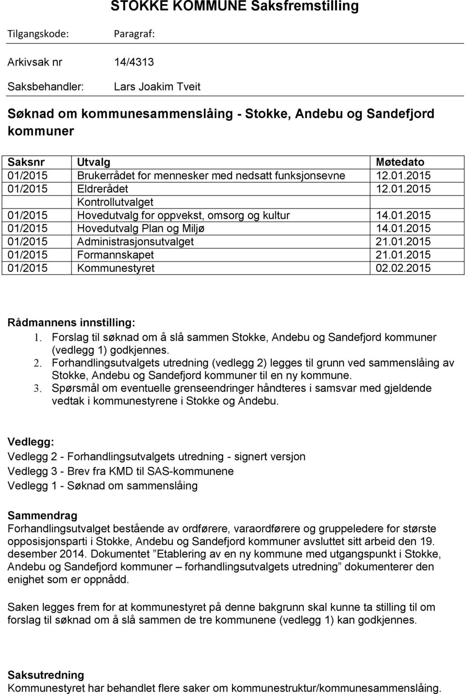 01.2015 01/2015 Administrasjonsutvalget 21.01.2015 01/2015 Formannskapet 21.01.2015 01/2015 Kommunestyret 02.02.2015 Rådmannens innstilling: 2.