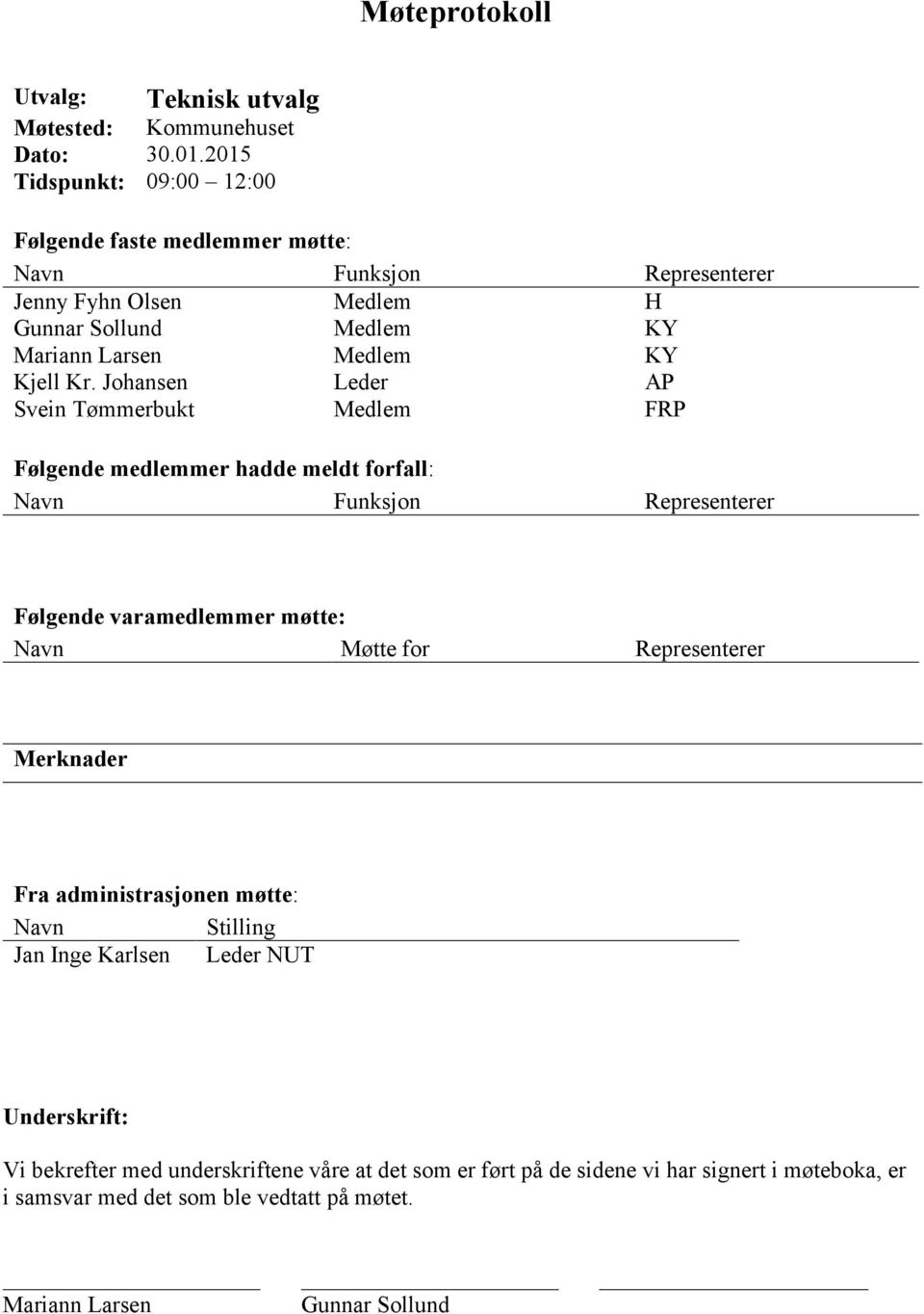 Kr. Johansen Leder AP Svein Tømmerbukt Medlem FRP Følgende medlemmer hadde meldt forfall: Navn Funksjon Representerer Følgende varamedlemmer møtte: Navn Møtte for