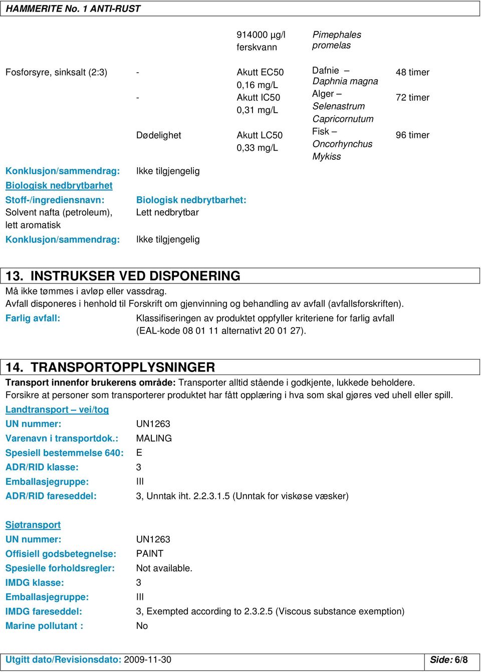 Capricornutum Fisk Oncorhynchus Mykiss 48 timer 72 timer 96 timer 13. INSTRUKSER VED DISPONERING Må ikke tømmes i avløp eller vassdrag.