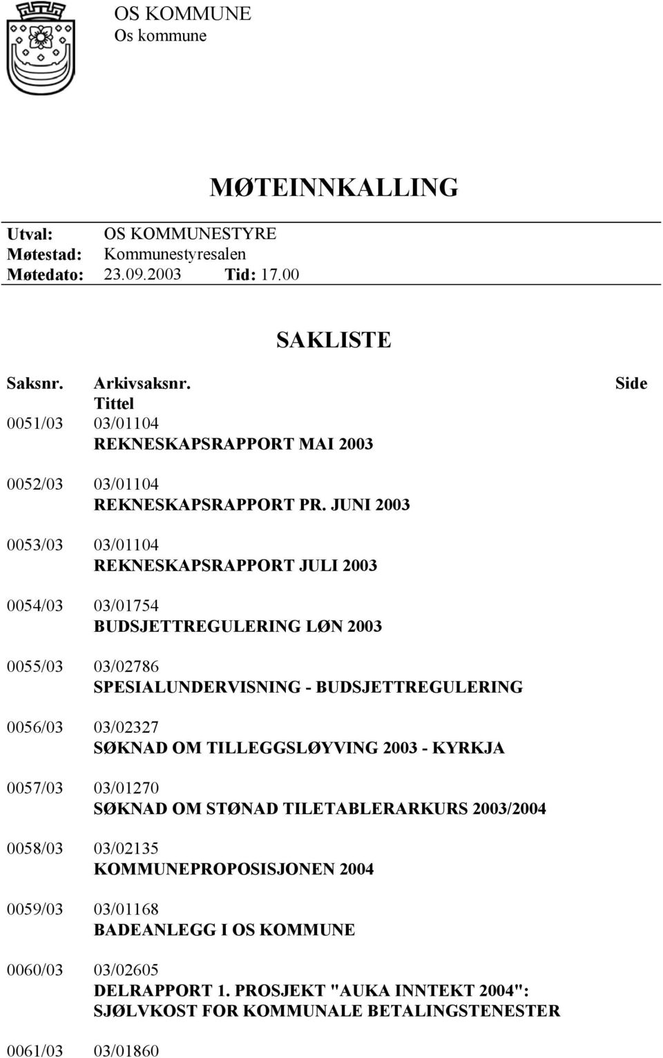 JUNI 2003 0053/03 03/01104 REKNESKAPSRAPPORT JULI 2003 0054/03 03/01754 BUDSJETTREGULERING LØN 2003 0055/03 03/02786 SPESIALUNDERVISNING - BUDSJETTREGULERING 0056/03 03/02327