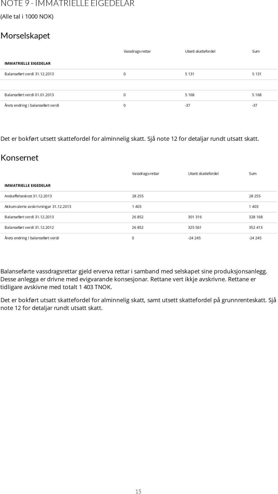 Sjå note 12 for detaljar rundt utsatt skatt. Konsernet Vassdrags-rettar Utsett skattefordel Sum IMMATRIELLE EIGEDELAR Anskaffelseskost 31.12.2013 28 255 28 255 Akkumulerte avskrivningar 31.12.2013 1 403 1 403 Balanseført verdi 31.