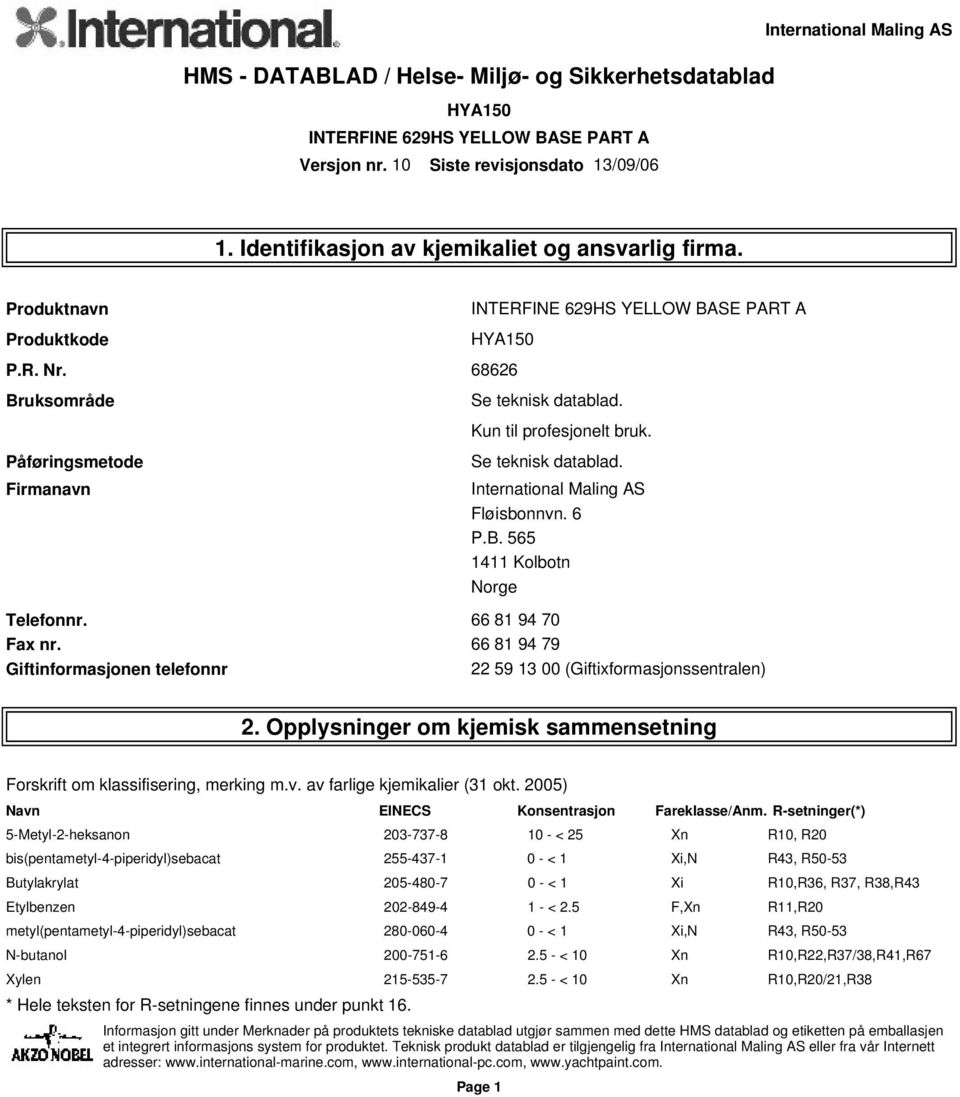 Opplysninger om kjemisk sammensetning Forskrift om klassifisering, merking m.v. av farlige kjemikalier (31 okt. 2005) Navn EINECS Konsentrasjon Fareklasse/Anm.