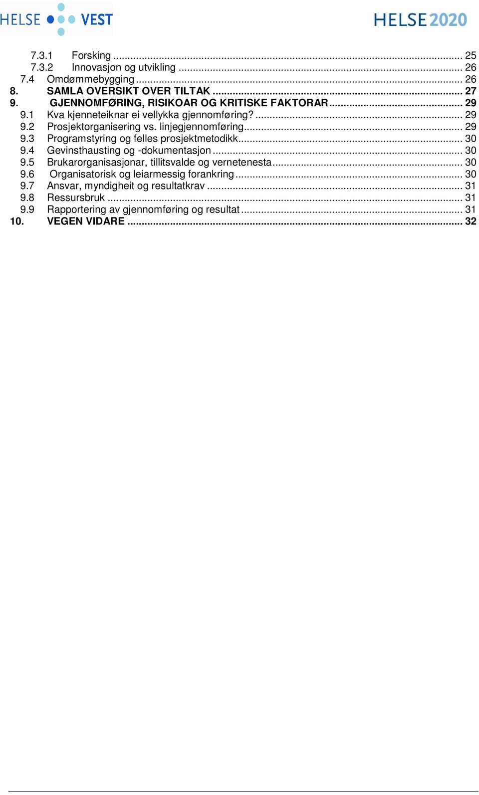 .. 29 9.3 Programstyring og felles prosjektmetodikk... 30 9.4 Gevinsthausting og -dokumentasjon... 30 9.5 Brukarorganisasjonar, tillitsvalde og vernetenesta.