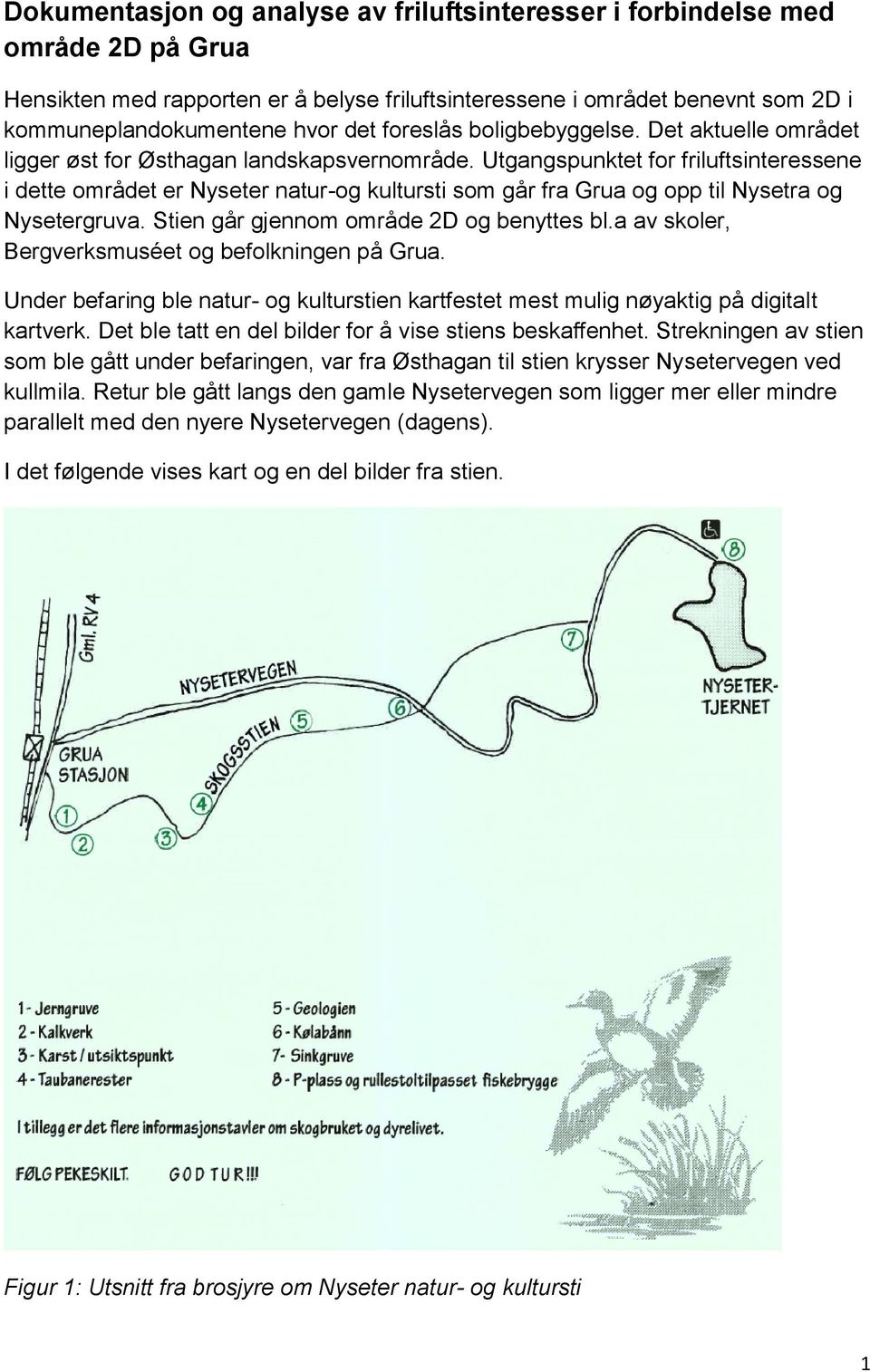 Utgangspunktet for friluftsinteressene i dette området er Nyseter natur-og kultursti som går fra Grua og opp til Nysetra og Nysetergruva. Stien går gjennom område 2D og benyttes bl.