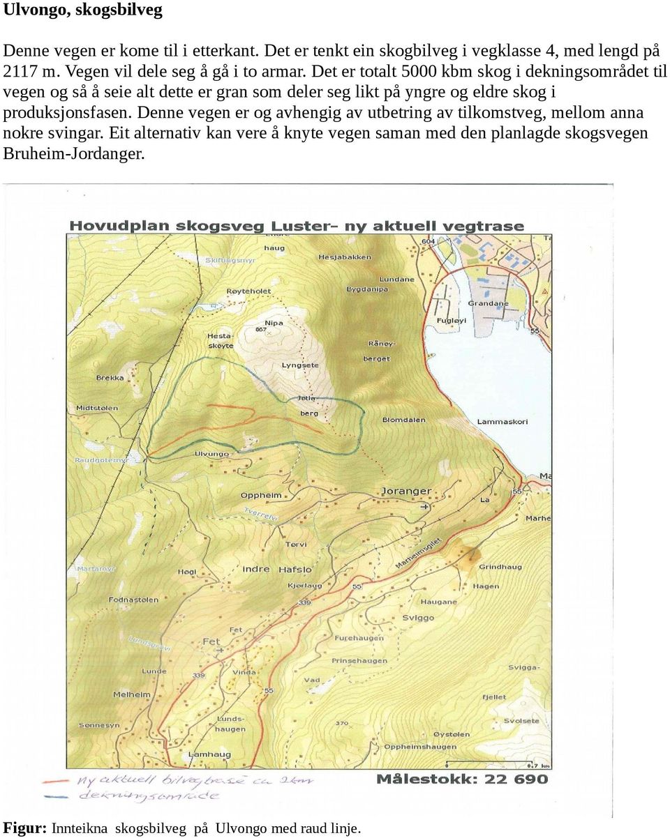 Det er totalt 5000 kbm skog i dekningsområdet til vegen og så å seie alt dette er som deler seg likt på yngre og eldre skog i