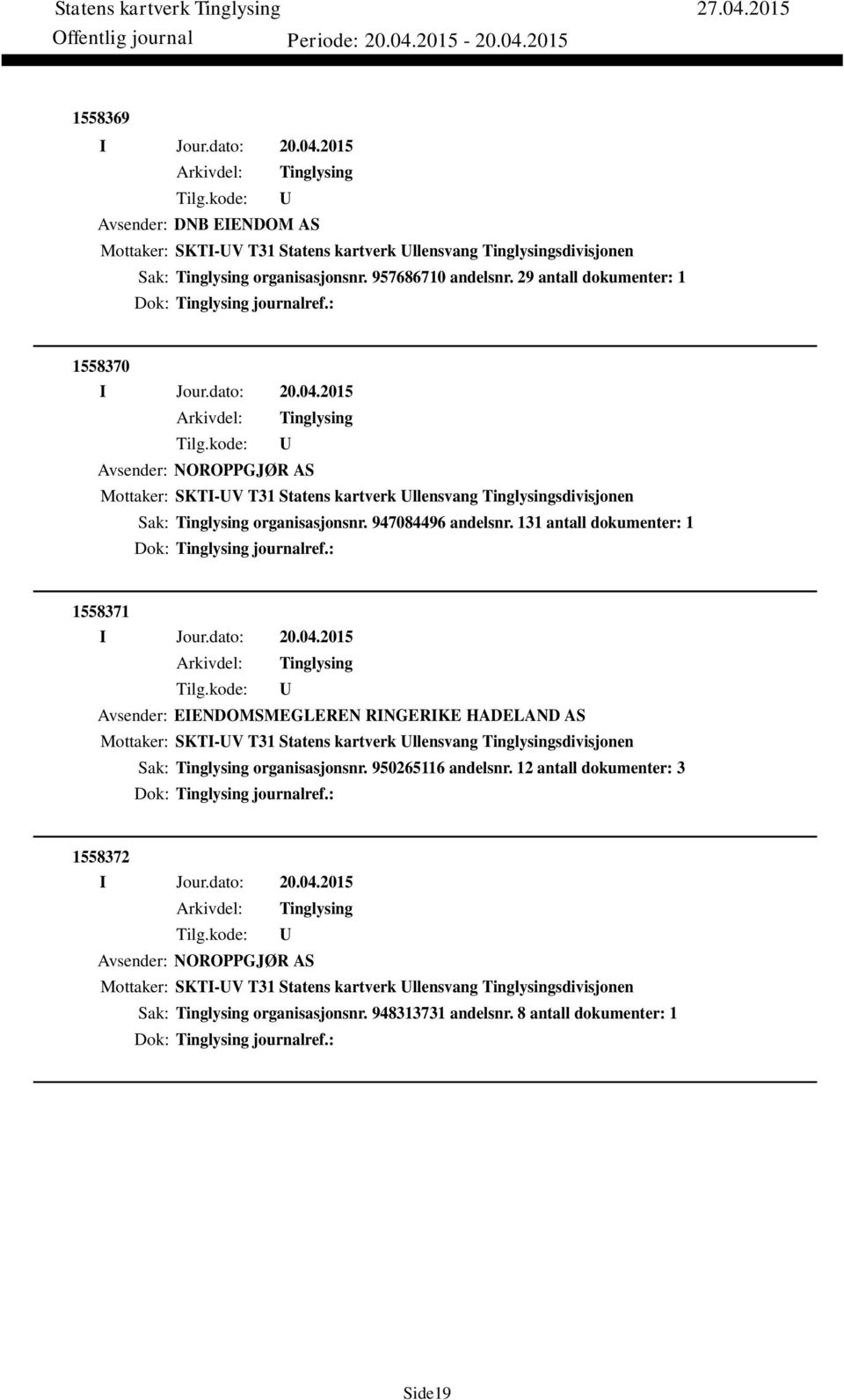 131 antall dokumenter: 1 Dok: journalref.: 1558371 Avsender: EIENDOMSMEGLEREN RINGERIKE HADELAND AS Mottaker: SKTI-V T31 Statens kartverk llensvang sdivisjonen Sak: organisasjonsnr.