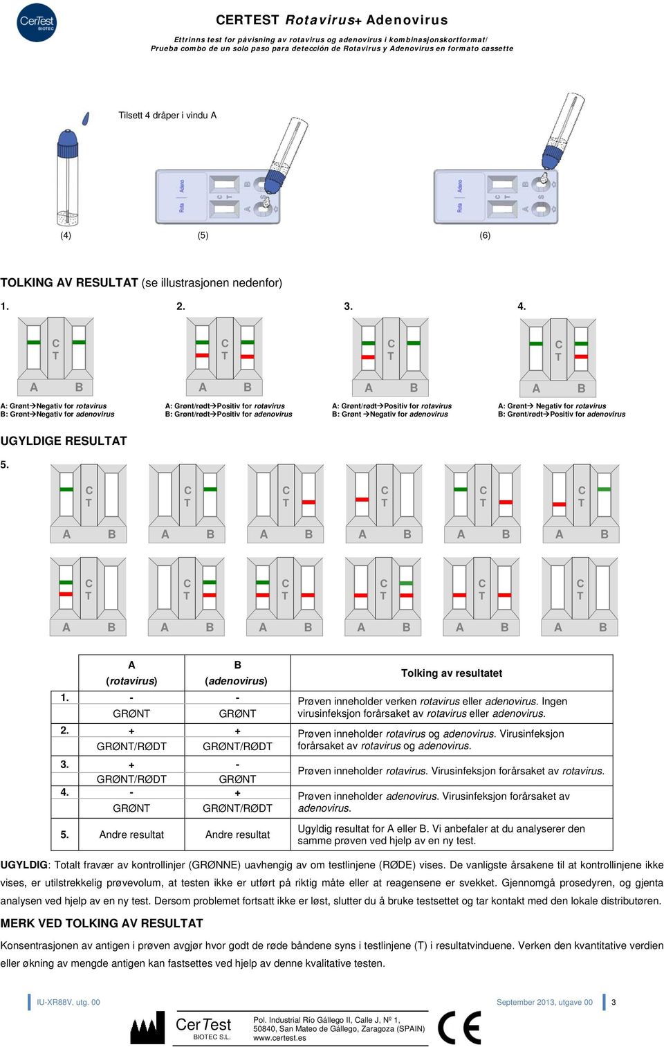 adenovirus : Grønt Negativ for adenovirus : Grønt/rødt Positiv for adenovirus UGYLDIGE RESUL 5. (rotavirus) (adenovirus) olking av resultatet 1.