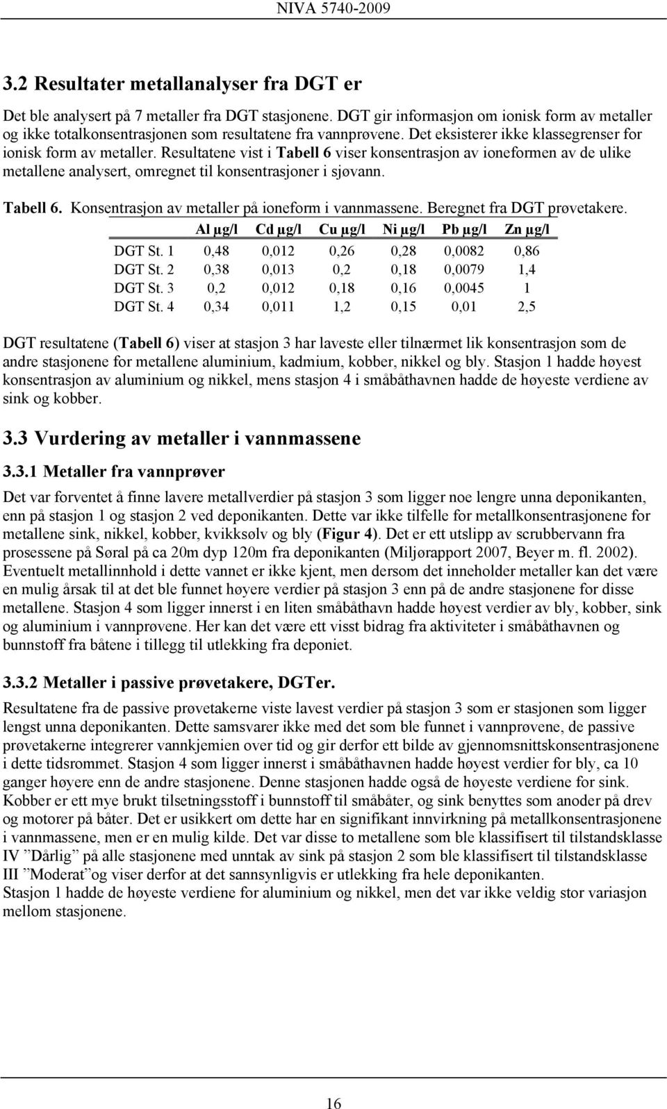 Resultatene vist i Tabell 6 viser konsentrasjon av ioneformen av de ulike metallene analysert, omregnet til konsentrasjoner i sjøvann. Tabell 6. Konsentrasjon av metaller på ioneform i vannmassene.