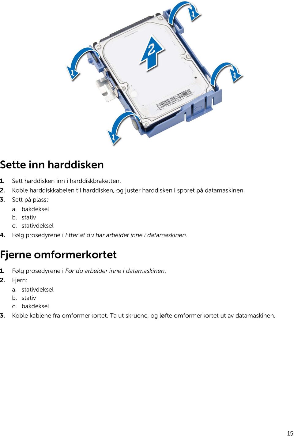 stativ c. stativdeksel 4. Følg prosedyrene i Etter at du har arbeidet inne i datamaskinen. Fjerne omformerkortet 1.