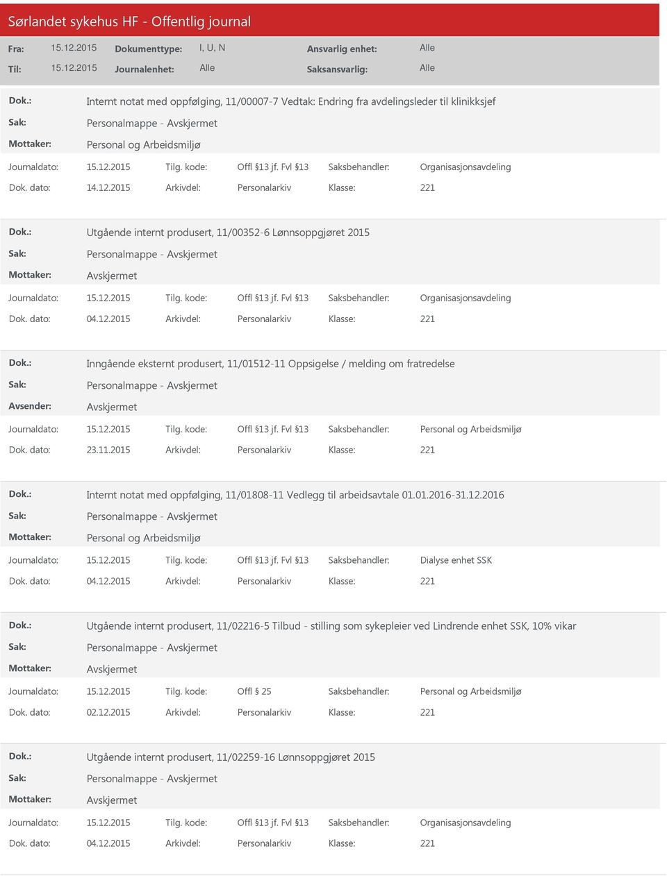 2015 Arkivdel: Personalarkiv Inngående eksternt produsert, 11/01512-11 Oppsigelse / melding om fratredelse Personalmappe - Dok. dato: 23.11.2015 Arkivdel: Personalarkiv Internt notat med oppfølging, 11/01808-11 Vedlegg til arbeidsavtale 01.