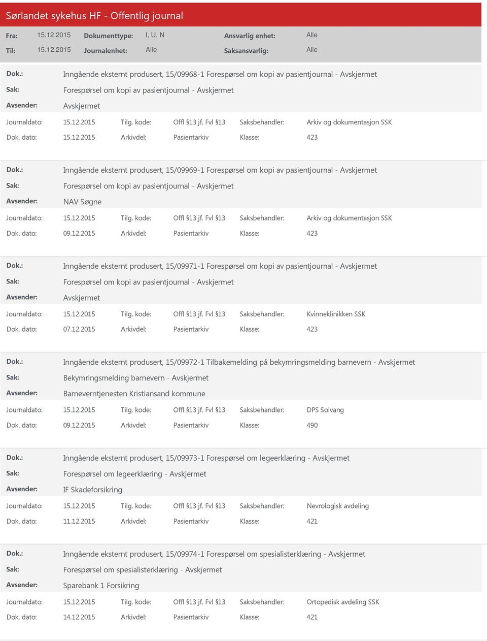 2015 Arkivdel: Pasientarkiv Inngående eksternt produsert, 15/09971-1 Forespørsel om kopi av pasientjournal - Forespørsel om kopi av pasientjournal - Kvinneklinikken SSK Dok. dato: 07.12.