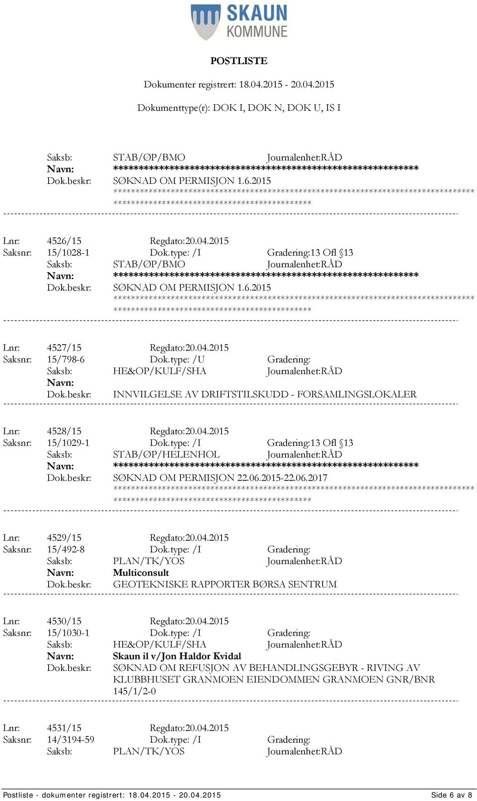 2015 Saksnr: 15/798-6 Dok.type: /U Gradering: Saksb: HE&OP/KULF/SHA Journalenhet:RÅD INNVILGELSE AV DRIFTSTILSKUDD - FORSAMLINGSLOKALER Lnr: 4528/15 Regdato:20.04.2015 Saksnr: 15/1029-1 Dok.